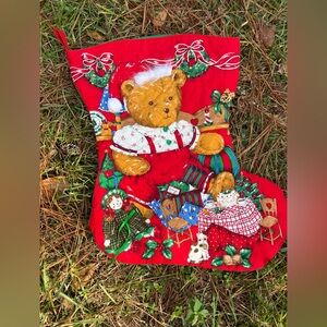 Vintage Festive Red Christmas Stocking with Bear Design Huge Holidays Nostalgia